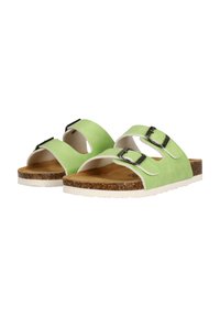Grüne Sandalen mit zwei Schnallen, aus weichem Material. Kork- und weiße Gummisohle, mit ausgeschnittenen Designs auf den oberen Riemen.
