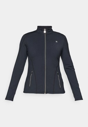 Giacca nera con zip, maniche lunghe, colletto alto, tasche laterali con zip e dettagli di cucitura a contrasto. Realizzata in un tessuto liscio ed elasticizzato.
