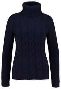 Marineblauer, grob gestrickter Pullover mit einem gerippten Rollkragen, langen Ärmeln und strukturierten Mustern im gesamten Stoff.