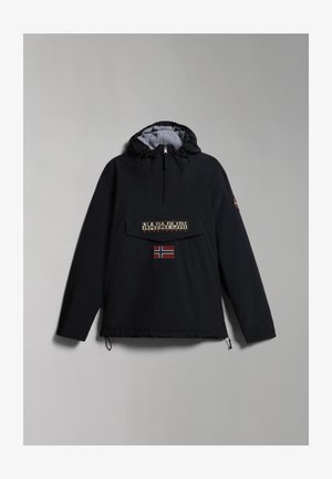 Giacca anorak nera con cappuccio e foderatura grigia, tasca frontale, stampa del logo e patch della bandiera norvegese sul petto. Nostri regolabili sul bordo.