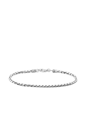 Silver chain bracelet with box links and lobster clasp featuring engraved decorative end caps.