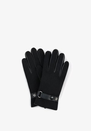 Czarne rękawiczki wykonane z teksturowanej tkaniny z skórzanymi akcentami. Charakteryzują się dopasowanym krojem oraz paskiem z zatrzaskiem na nadgarstku.