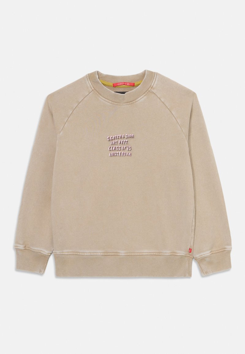 Sweatshirt bege com mangas raglan, decote redondo e um corte ligeiramente cropped. Apresenta texto bordado no peito e logotipo na lateral.