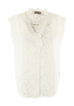 Witte mouwloze blouse met complexe kant uitsparingen, geplooide kraag en een knoopsluiting aan de voorkant. Zachte, lichte stof met een gestructureerd patroon.