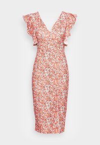 Robe florale avec un décolleté en V et des manches volantées. Présente une silhouette ajustée, un motif de fleurs multicolores sur un fond corail. Longueur genou.