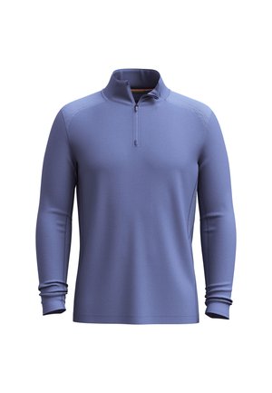 Langarm, quarter-zip pullover in lavendel. Gemaakt van rekbare stof met een gladde textuur en geribbelde accenten op de schouders en manchetten.