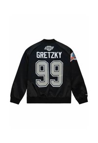 Schwarze Satinjacke mit dem Schriftzug "GRETZY" in weißem Text und der Nummer "99" in großen grauen Buchstaben auf dem Rücken, mit Kings-Logo und Patch auf der Schulter.
