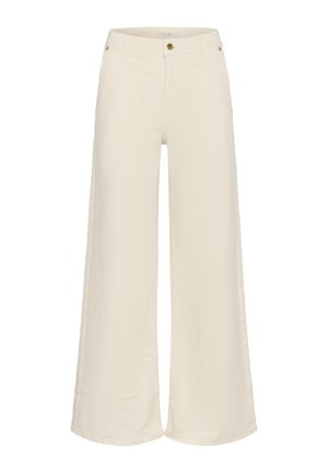 Wide-leg trousers in cream cotton fabric, featuring a front button closure, two side pockets, and a smooth texture.