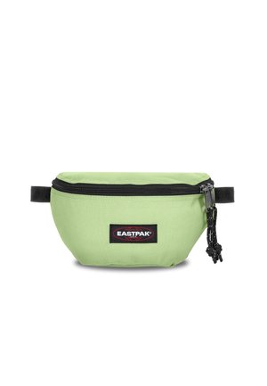 Jasnozielona materiałowa nerka z czarnym zamkiem i regulowanym paskiem, z czarną naszywką z logo Eastpak z przodu.