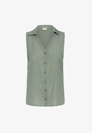 Camisa sin mangas de color verde claro con escote en forma de V, botones en la parte frontal, textura de rayas verticales y dobladillo recto. Fabricada con tejido ligero.