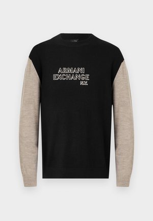 Črno-bež pulover z dolgimi rokavi, z okroglo izrezom in logotipom "ARMANI EXCHANGE N.Y." v kontrastnem belem šivu.