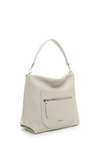 Borsa a mano in pelle color beige chiaro con superficie testurizzata, un unico manico e una tasca frontale con zip. Design semplice e morbido con delicate finiture in oro.