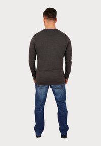 Long-sleeve gray shirt with a round neckline, worn with blue jeans, displayed from the back. Simple design and fitted shape.