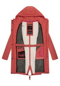 Pink waterproof jacket featuring a quilted design, large pockets, mesh lining, and a detachable inner layer. Includes brand tags and zippers.