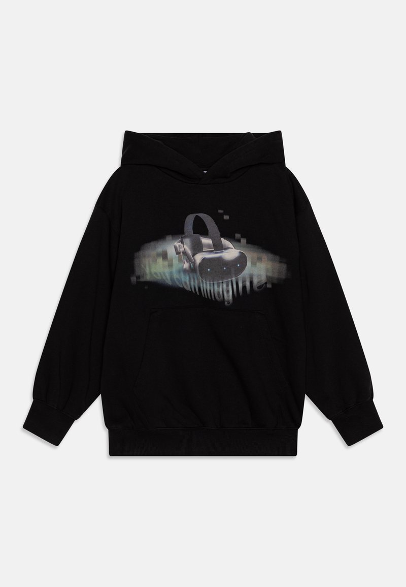 Μαύρη κουκούλα με γραφικό ενός headset εικονικής πραγματικότητας, με φωτεινές λεπτομέρειες, μπροστινή τσέπη και ριμπ μανίκια και στρίφωμα.