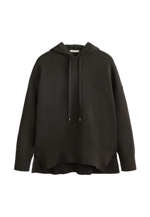 Dunkelgrauer Kapuzenpullover aus weichem Stoff, mit lockerer Passform, geripptem Saum und Kordeln mit metallischen Enden.