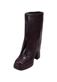 Bota de tobillo de cuero burdeos con punta cuadrada, detalle recortado en la parte delantera y un tacón grueso, con un acabado suave y brillante.