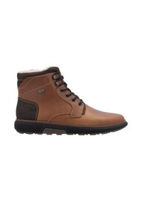Botte cheville en cuir marron avec un col en polaire marron et gris doux, semelle en caoutchouc noir et lacets ronds. Coutures discrètes et détail de logo.