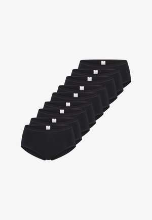Paquet de dix slips noirs en coton avec une texture lisse, une ceinture élastique et un design minimaliste comportant une petite étiquette sur chaque pièce.