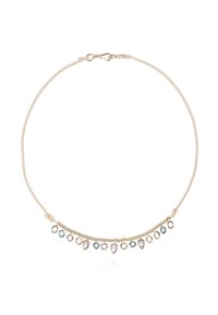 Collier doré avec un cordon beige fin, présentant une rangée de pierres précieuses transparentes et turquoise en formes de goutte et rondes. Fermeture à clip.