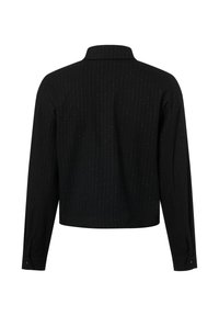 Black cropped jacket featuring a pinstripe pattern, long sleeves, a collar, and button accents on the cuffs. Smooth texture.