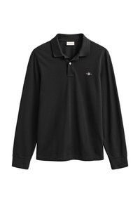 Polo negro de manga larga con tapeta de dos botones y un pequeño logo de la marca bordado en el pecho izquierdo.
