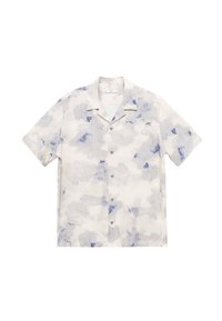 Kurzärmeliges Hemd mit Knopfleiste in hellem Creme mit abstraktem blauen Aquarellmuster; verfügt über fünf Knöpfe und einen eingeschnittenen Kragen.