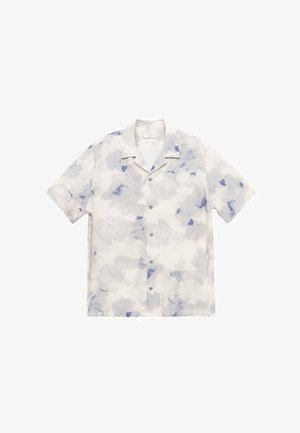 Kurzärmeliges Hemd mit Knopfleiste in hellem Creme mit abstraktem blauen Aquarellmuster; verfügt über fünf Knöpfe und einen eingeschnittenen Kragen.