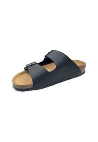 Sandalo aperto nera con due cinturini, fibbie regolabili, soletta in sughero e suola in gomma, caratterizzato da una finitura liscia e un design minimalista.