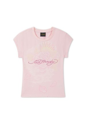 Pink short-sleeve T-shirt with a rose, crown graphic, and "Ed Hardy" text embellished with rhinestones on the front.