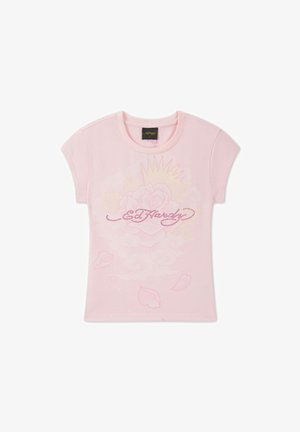 T-shirt rose à manches courtes avec un graphisme de rose, une couronne et le texte "Ed Hardy" orné de strass sur le devant.
