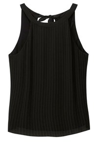 Zwarte mouwloze top met verticale plooien, lichtgewicht stof, ronde halslijn, strikdetail op de rug en zijsplitten voor bewegingsgemak.