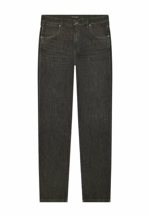 Zwarte rechtbenige Wrangler-jeans met knoop aan de voorkant, ritssluiting, lussen voor een riem en ontwerp met vijf zakken.