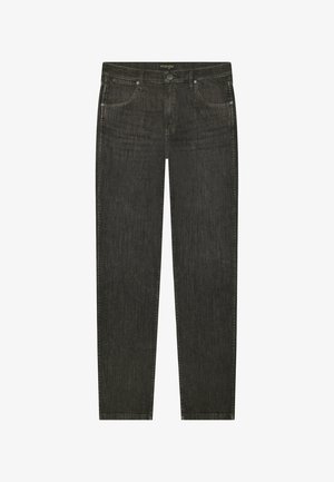 Zwarte rechtbenige Wrangler-jeans met knoop aan de voorkant, ritssluiting, lussen voor een riem en ontwerp met vijf zakken.