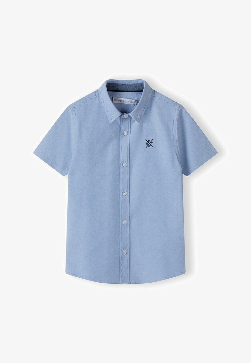 Világoskék, rövid ujjú gombos ing, hegyes gallérral, elöl gombokkal és hímzett logóval a bal mellen. Pamut anyag.