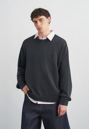 Giovane uomo con capelli ricci in piedi che indossa un maglione grigio scuro sopra una camicia rosa chiaro con colletto e jeans blu scuro.