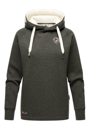 Dark grey hoodie with a white-lined hood, drawstrings, and a small logo on the chest. Features ribbed cuffs and hem. Soft fabric texture.