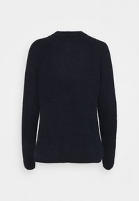 Pull à manches longues texturé bleu marine foncé, vu de dos, avec un col rond et une coupe classique.