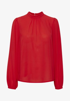 Blouse rouge à manches longues avec un col haut et des détails plissés à l'avant. Fabriquée en tissu léger et transparent avec des poignets ajustés aux manches.