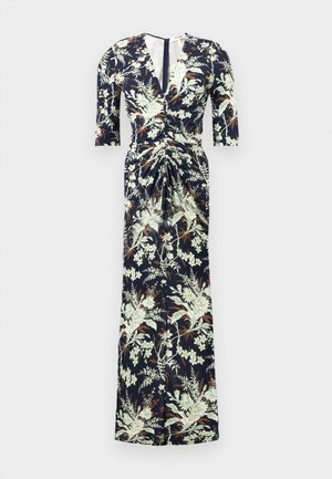 Μάξι φόρεμα σε ναυτικό μπλε με λευκό και καφέ floral μοτίβο, V-λαιμόκοψη, με σούρες στη μέση μπροστά και μανίκια μέχρι τον αγκώνα.