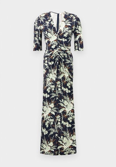 Μάξι φόρεμα σε ναυτικό μπλε με λευκό και καφέ floral μοτίβο, V-λαιμόκοψη, με σούρες στη μέση μπροστά και μανίκια μέχρι τον αγκώνα.