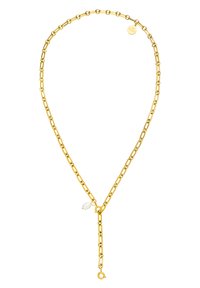 Goldfarbene Halskette mit länglichen Gliedern, ausgestattet mit einem Perlenakzent und einem Verschluss. Elegante, glatte Textur mit einem minimalistischen Design.