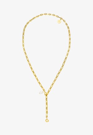 Goldfarbene Halskette mit länglichen Gliedern, ausgestattet mit einem Perlenakzent und einem Verschluss. Elegante, glatte Textur mit einem minimalistischen Design.