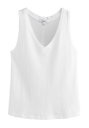 Witte mouwloze katoenen tanktop met V-hals, eenvoudig ontwerp en klein merketiket aan de binnenkant van de hals.