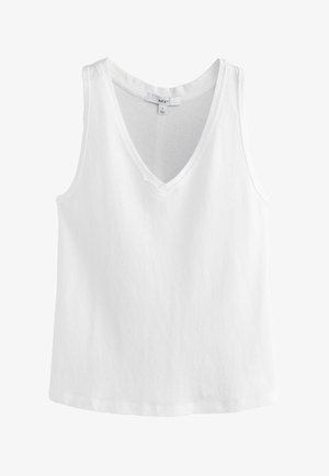 Witte mouwloze katoenen tanktop met V-hals, eenvoudig ontwerp en klein merketiket aan de binnenkant van de hals.