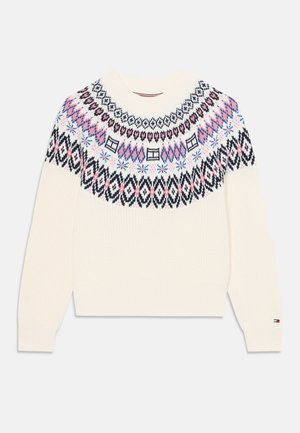 Pull en tricot crème avec un col rond et des manches longues. Présente un empiècement à motif en noir, rose et bleu. Tissu texturé avec un ourlet côtelé.
