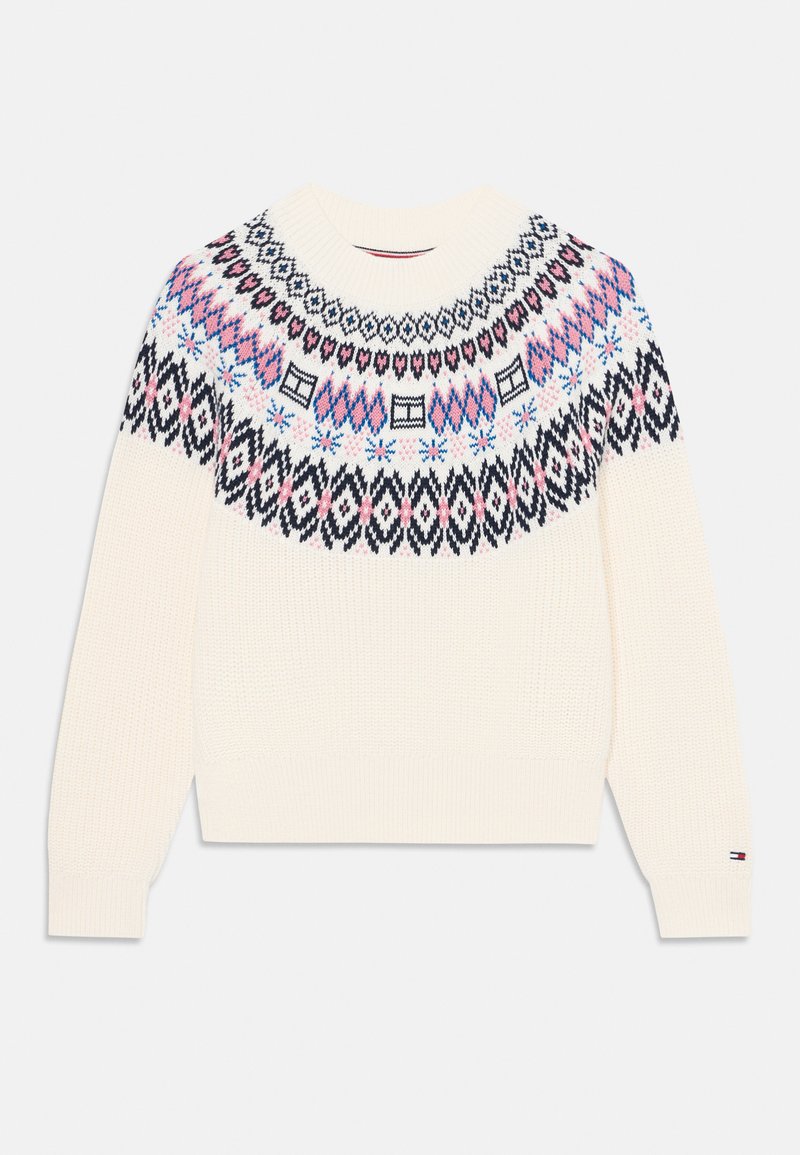 Πλεκτό πουλόβερ σε κρέμα με στρογγυλή λαιμόκοψη και μακριά μανίκια. Διαθέτει μοτίβο στη λαιμόκοψη σε μαύρο, ροζ και μπλε χρώμα. Υφή υφάσματος με ριχτή τελείωση.