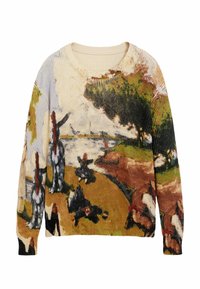 Maglione lavorato a maglia con un motivo paesaggistico multicolore, con tonalità di beige, verde e blu. Collo rotondo e maniche lunghe.