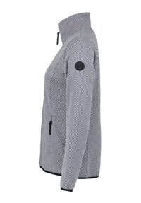 Grijze fleece jas met patroon, hoge kraag, ritsluiting, zwarte accenten en zijzakken. Heeft een geometrisch ontwerp over het hele oppervlak.