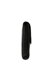 Black leather wallet with a slim profile, featuring a fold-over flap and textured surface. Silver hardware is visible on one side.